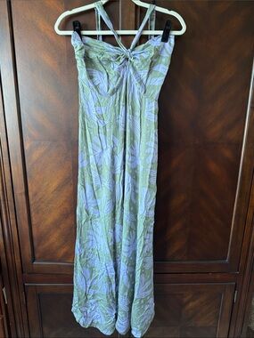 Sleeveless Green & Lavender Floral Maxi Dress with Knot Front
